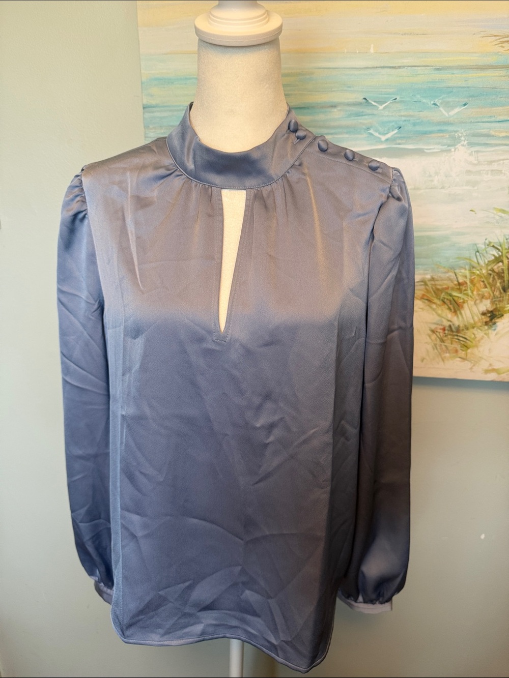 LOFT Dusty Blue Satin Mock-Neck Keyhole Blouse